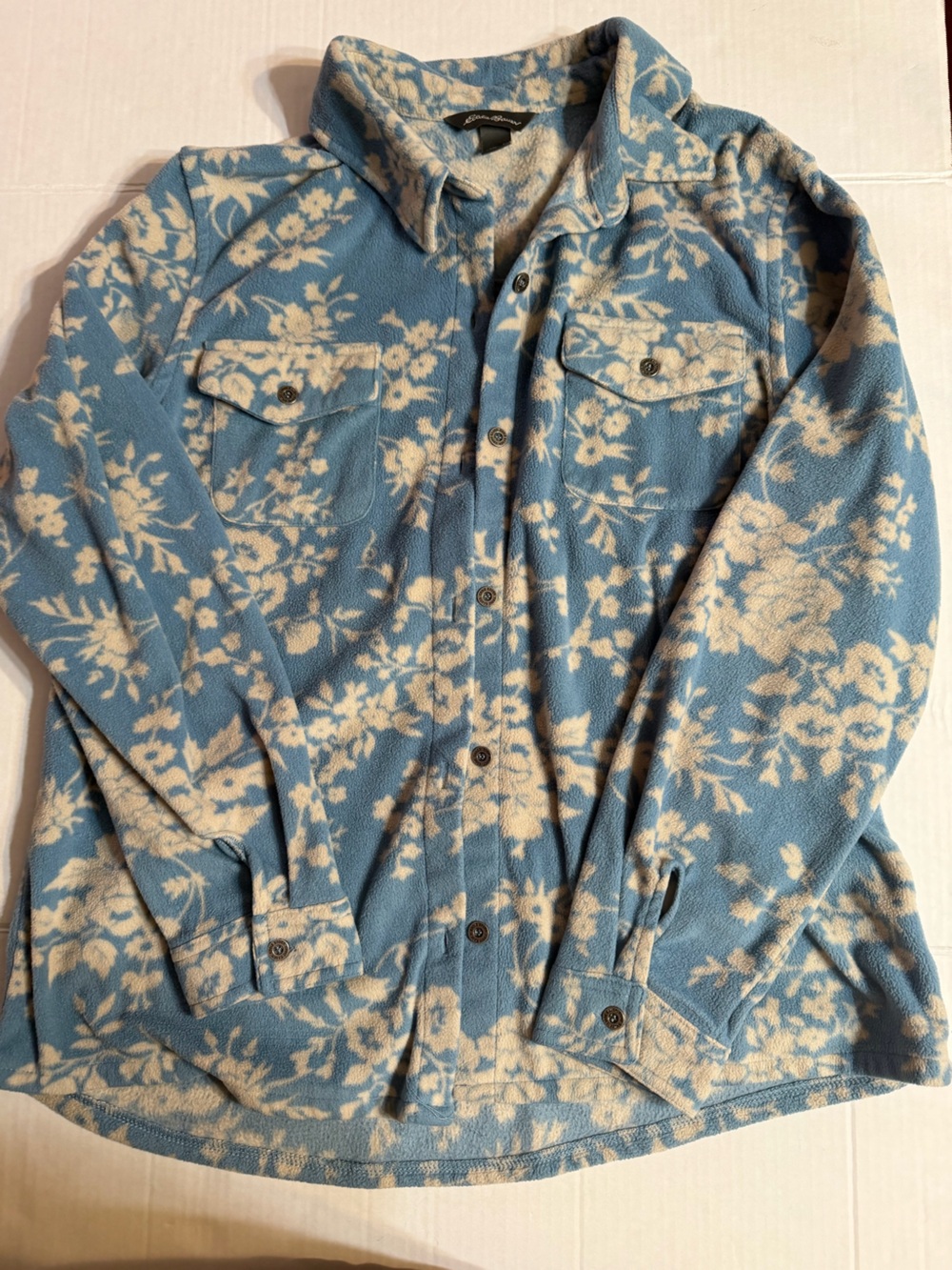 Eddie Bauer Blue and Cream Floral Fleece Cardigan